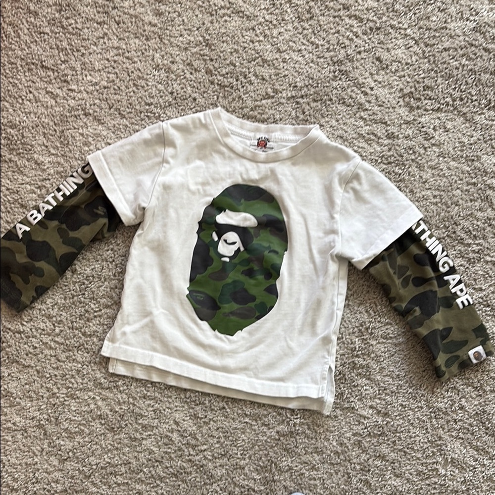 Bape White and Green Long Sleeve Tee with Camo Sleeves